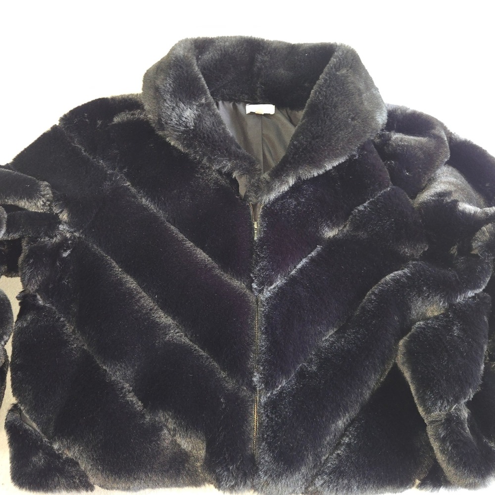 Sofia Jeans Faux Fur Jacket Womens 3X Black Chevron Zip Up Glam Plush Coat